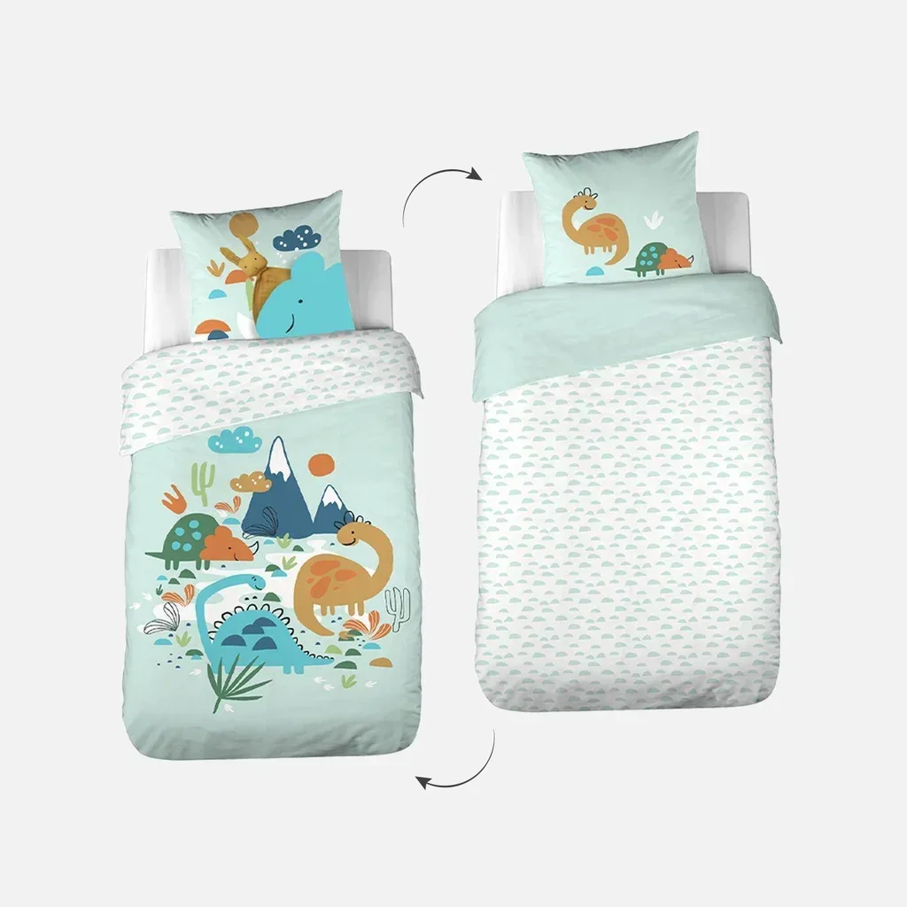 Parure lit enfant dinosaures réversible coton 140x200 cm avec poche doudou
