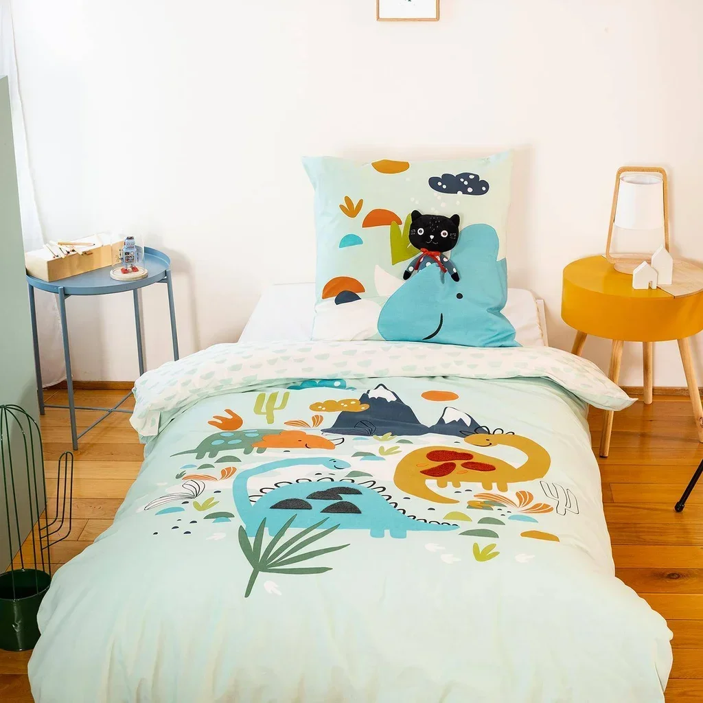 Parure lit enfant dinosaures réversible coton 140x200 cm avec poche doudou