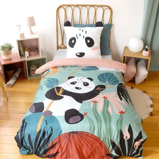Parure de lit microfibre réversible panda 1 personne 140x200 cm vert rose