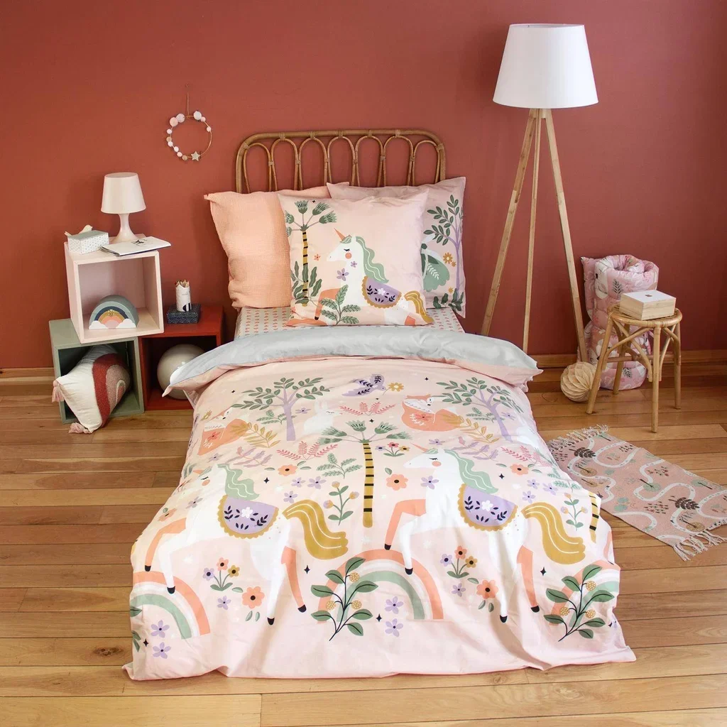 Parure lit 1 personne coton licorne danseuse 140x200 réversible Oeko-Tex