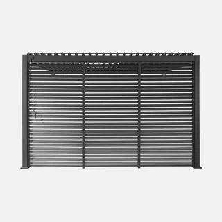 Pergola bioclimatique aluminium 4x3m lames orientables adossée murale avec 3 vantaux persiennes