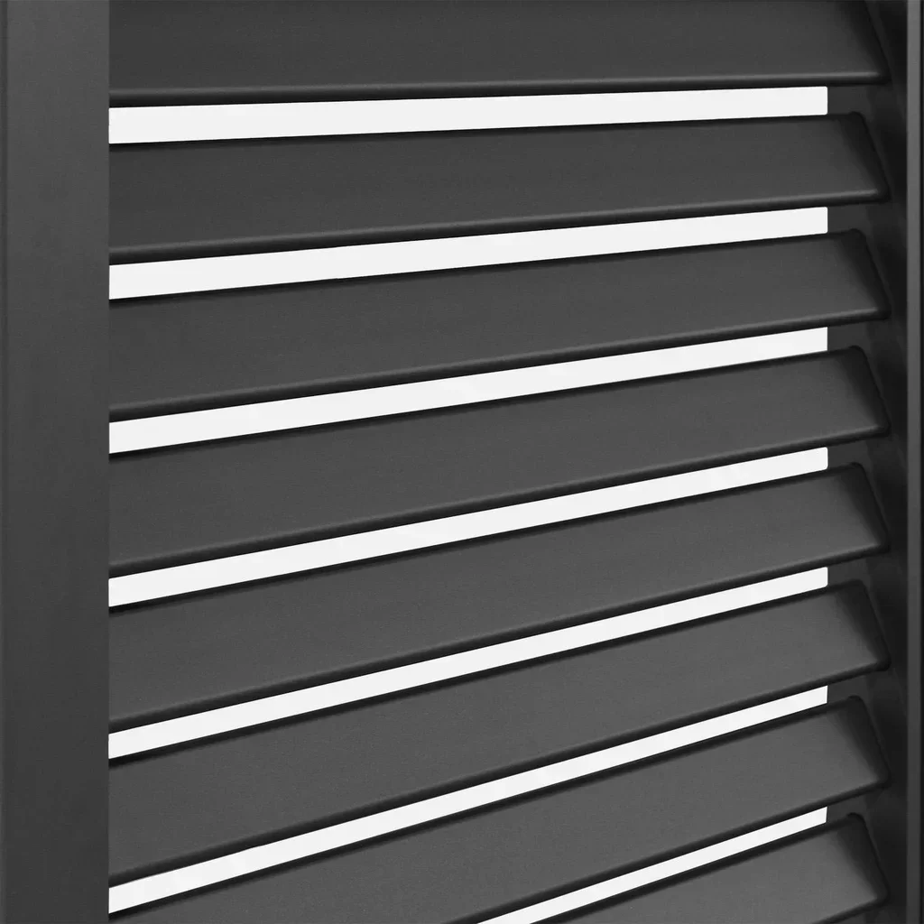 Pergola bioclimatique aluminium 4x3m lames orientables adossée murale avec 3 vantaux persiennes
