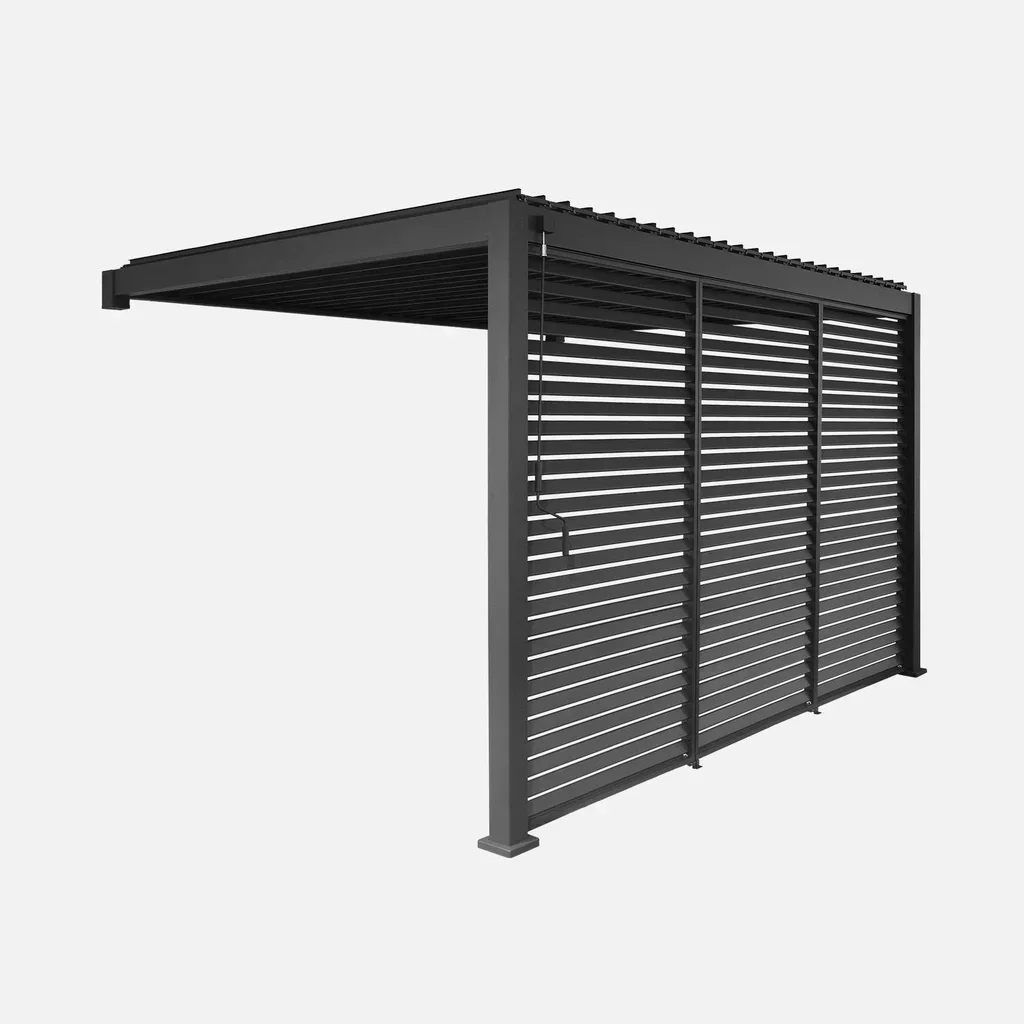 Pergola bioclimatique aluminium 4x3m lames orientables adossée murale avec 3 vantaux persiennes