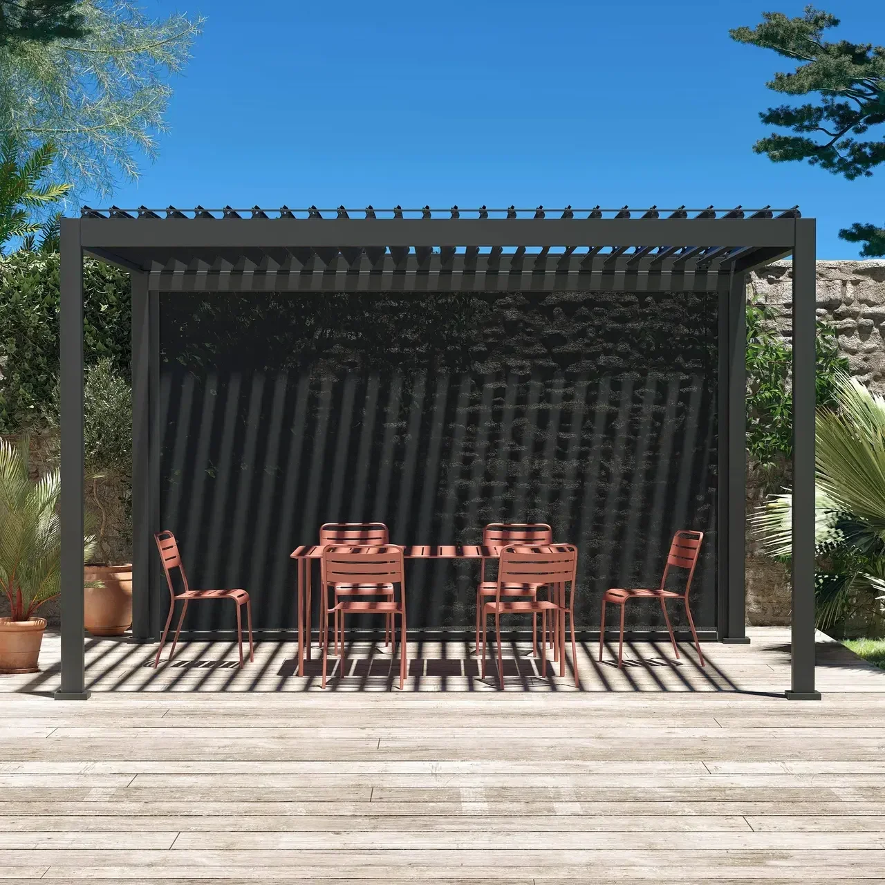 Pergola bioclimatique aluminium 4x3m avec store modèle Triomphe