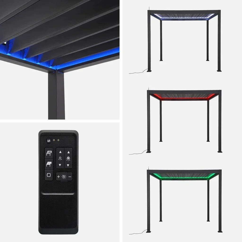 Pergola bioclimatique alu motorisée 3x3 m LED Triomphe avec lames orientables et éclairage multicolore pour terrasse