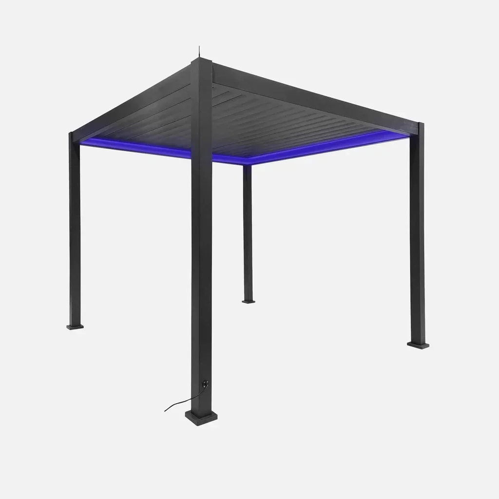Pergola bioclimatique alu motorisée 3x3 m LED Triomphe avec lames orientables et éclairage multicolore pour terrasse