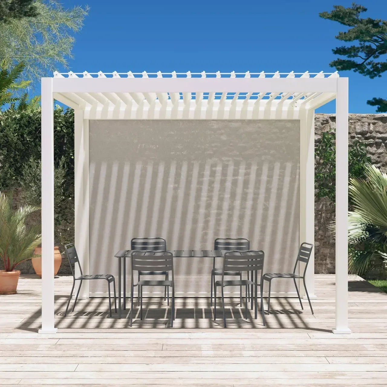 Pérgola bioclimática aluminio 3x3m V2 con toldo Triomphe - estructura antracita 9m²