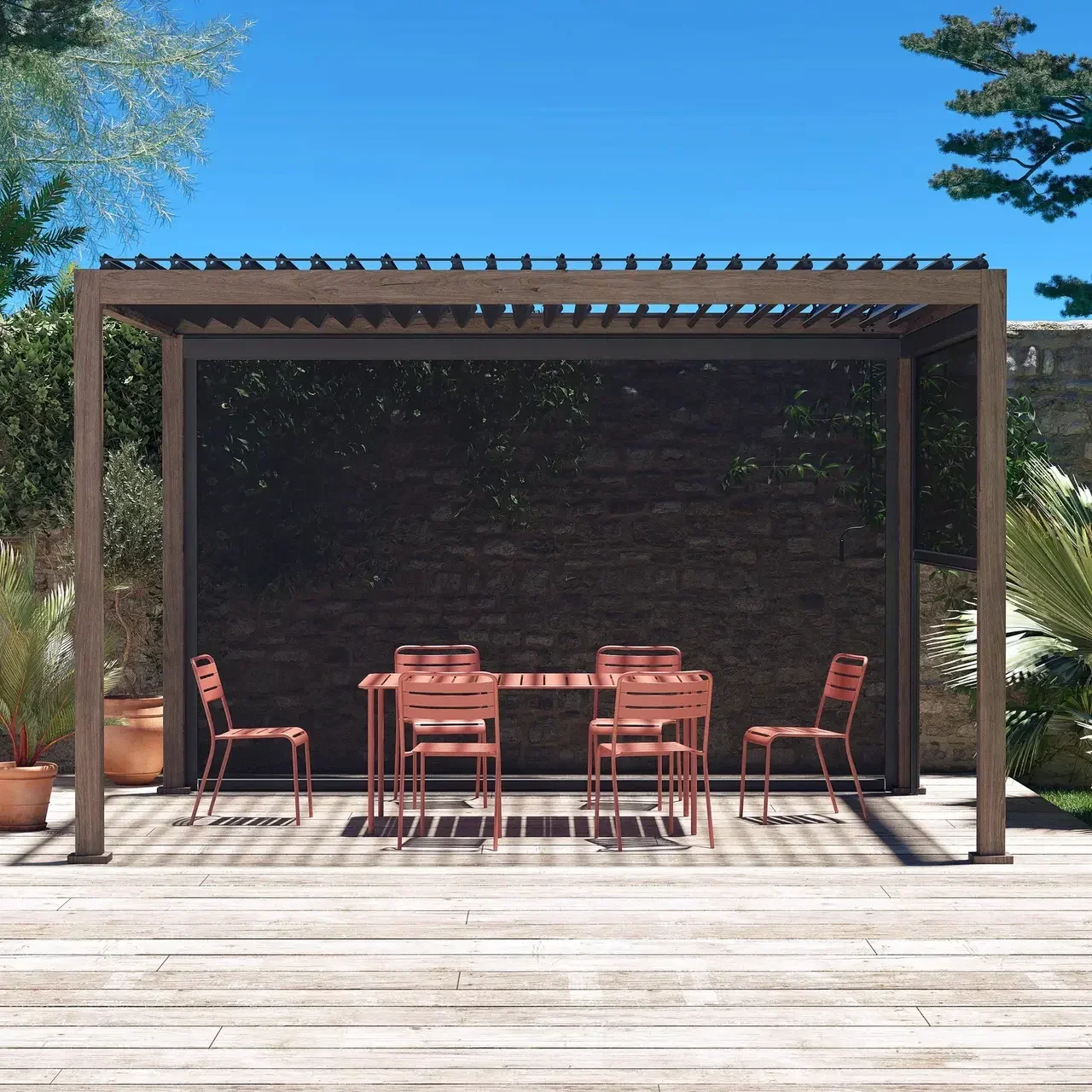 Pergola bioclimatique aluminium 4x3m Triomphe avec stores latéraux