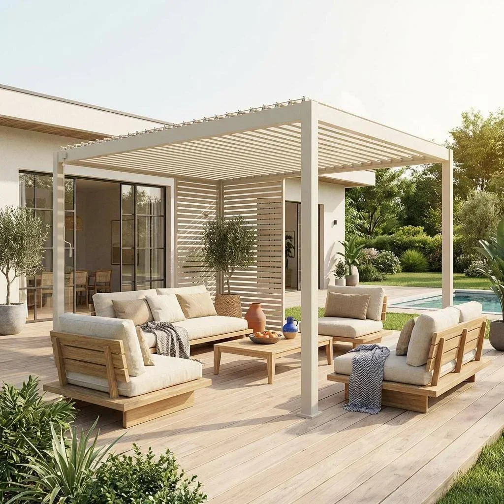 Pergola bioclimatique aluminium 4x3m Triomphe persiennes orientables 100cm 130cm