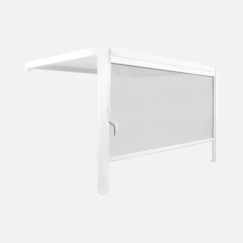 Pergola bioclimatique aluminium adossée 4x3m blanche avec store latéral Triomphe
