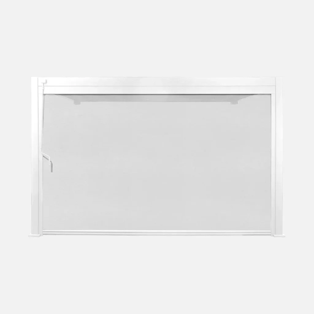 Pergola bioclimatique aluminium adossée 4x3m blanche avec store latéral Triomphe