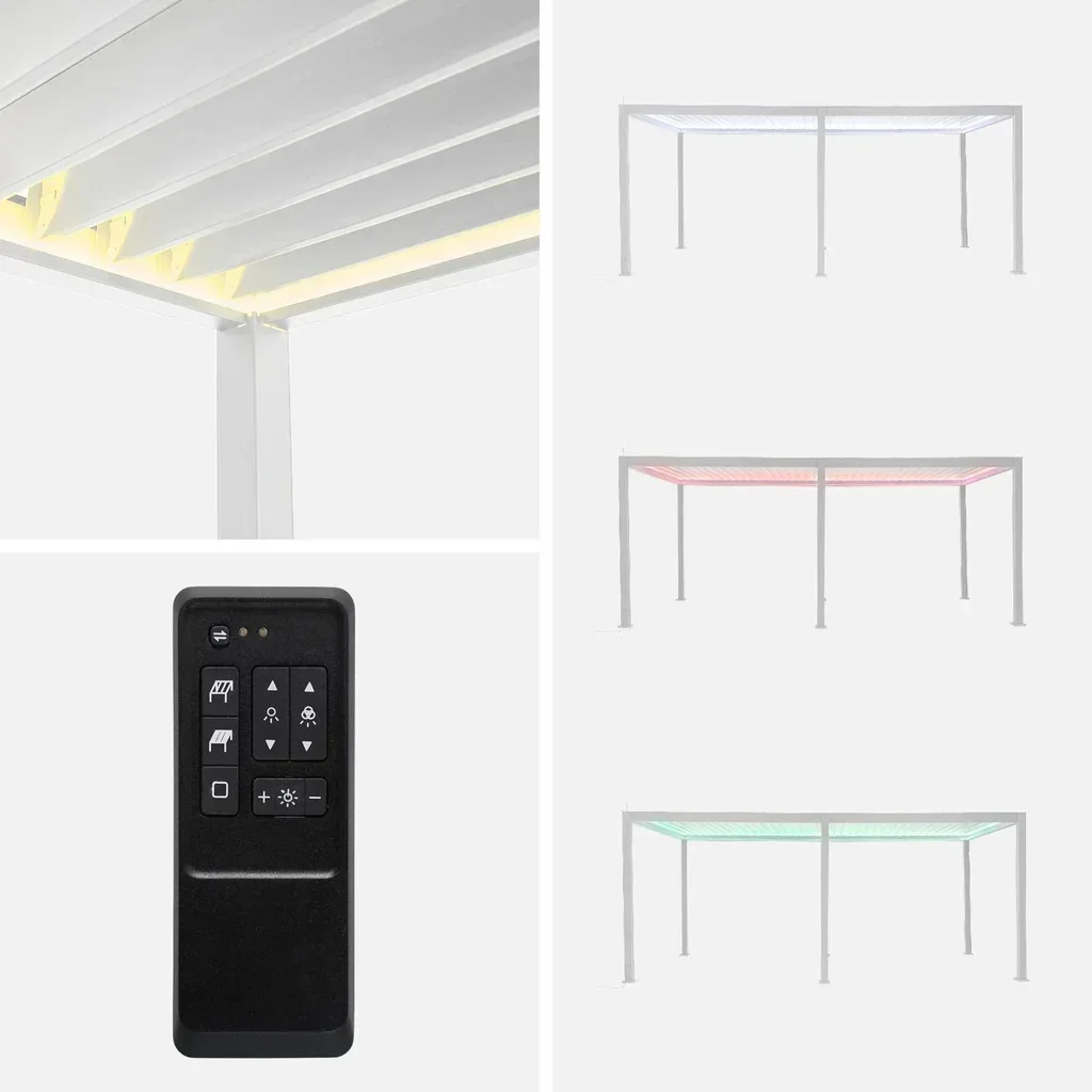 Pergola bioclimatique aluminium motorisée 6x3m LED Triomphe avec lames orientables et éclairage multicolore