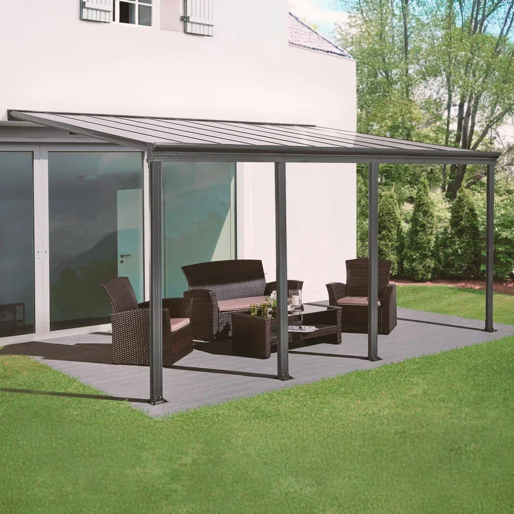 Pergola carport adossé aluminium 3x6m avec gouttière intégrée et toiture polycarbonate