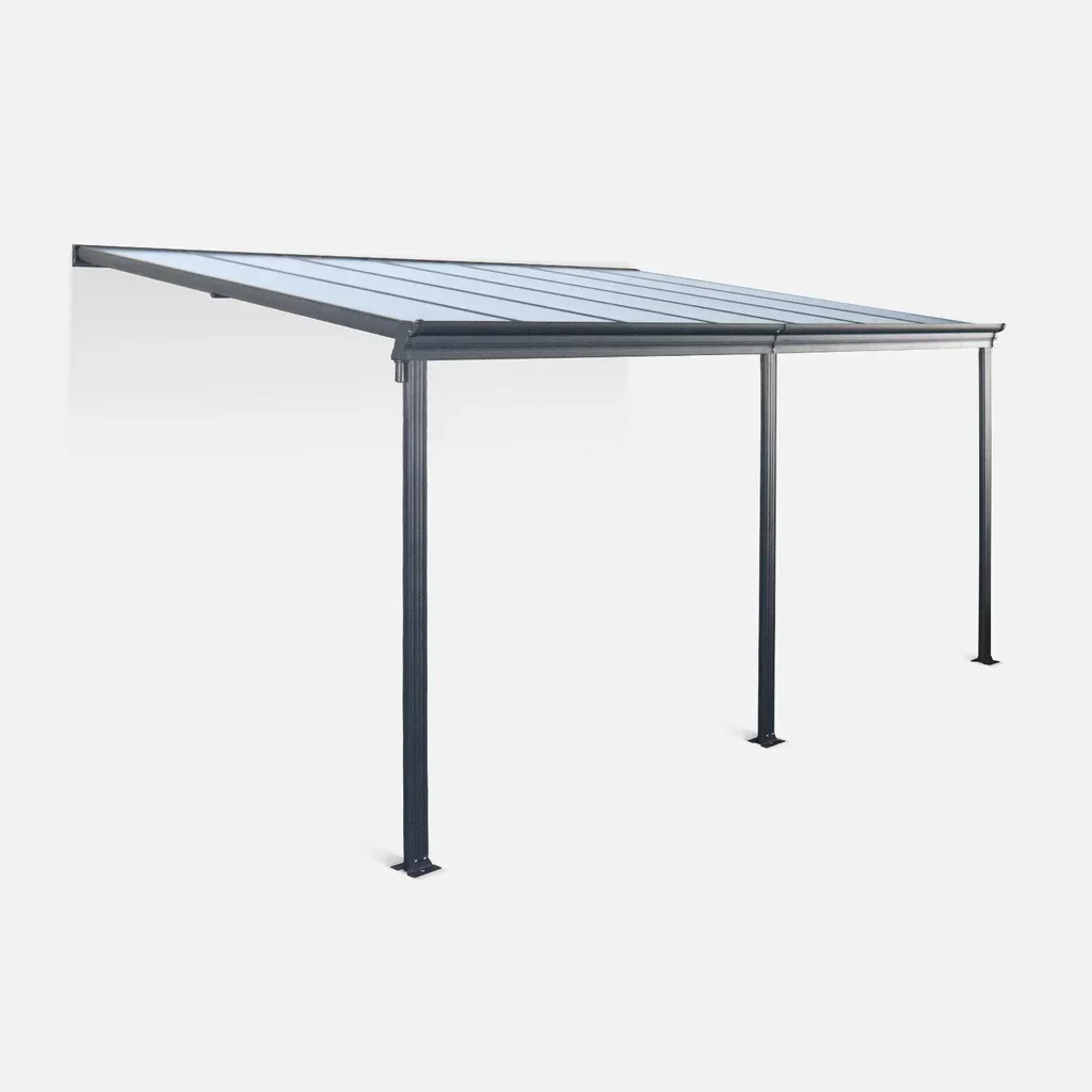Pergola murale aluminium 3x4m avec gouttière intégrée et toiture polycarbonate transparent anti-UV