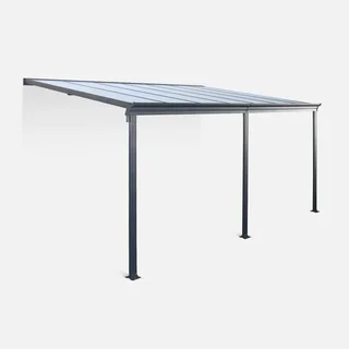 Wall-mounted aluminum pergola 3x4m with integrated gutter and transparent UV-resistant polycarbonate roof