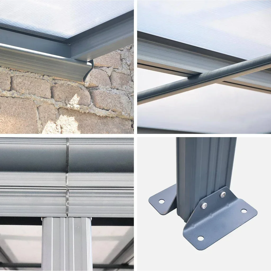 Pergola murale aluminium 3x4m avec gouttière intégrée et toiture polycarbonate transparent anti-UV