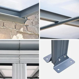 Wall-mounted aluminum pergola 3x4m with integrated gutter and transparent UV-resistant polycarbonate roof