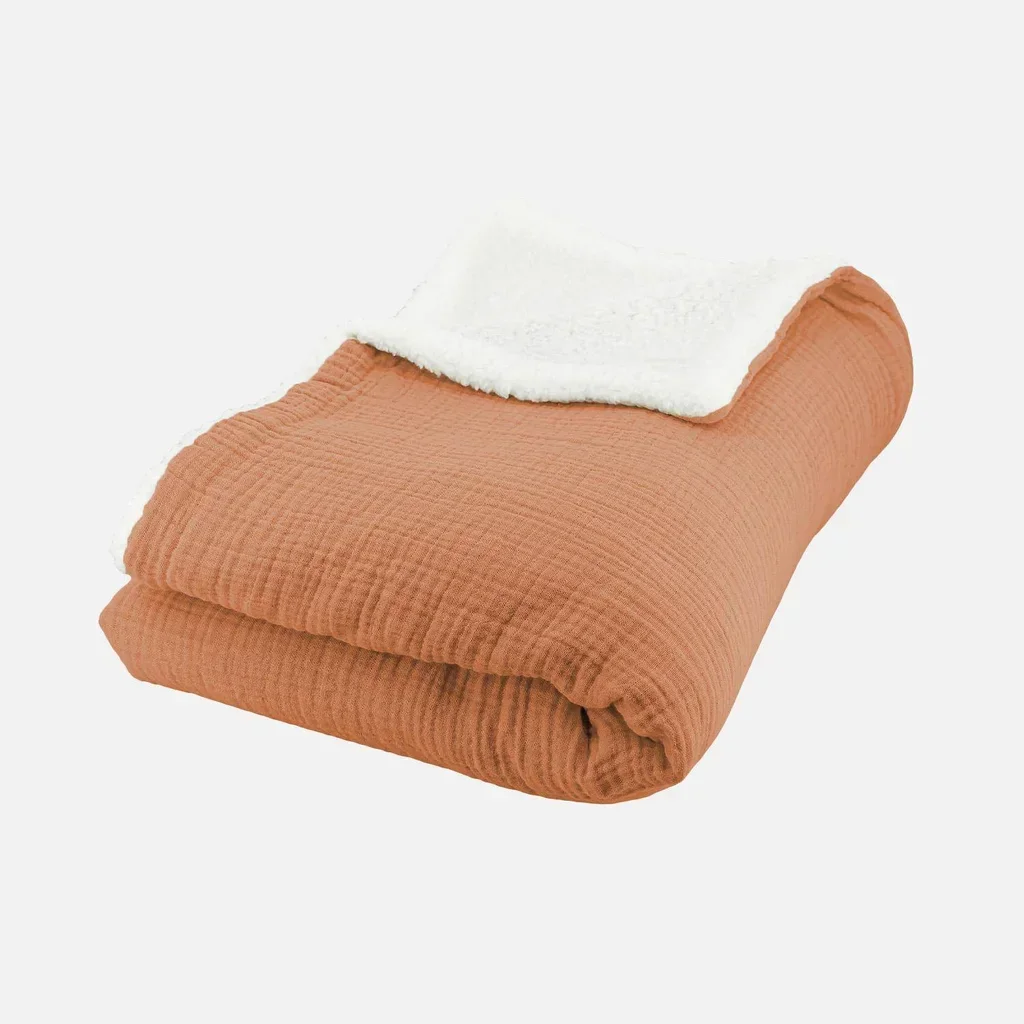 Plaid douillet sherpa et gaze de coton kaki 130x170 cm Alix