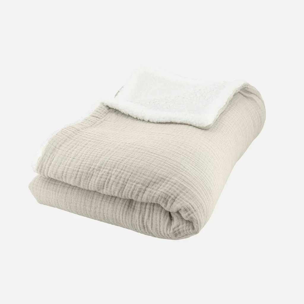 Plaid douillet sherpa et gaze de coton kaki 130x170 cm - Alix