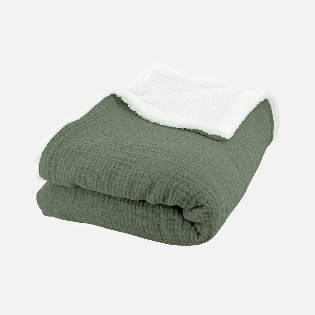Plaid douillet sherpa et gaze de coton kaki 130x170 cm