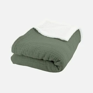 Plaid douillet sherpa et gaze de coton kaki 130x170 cm