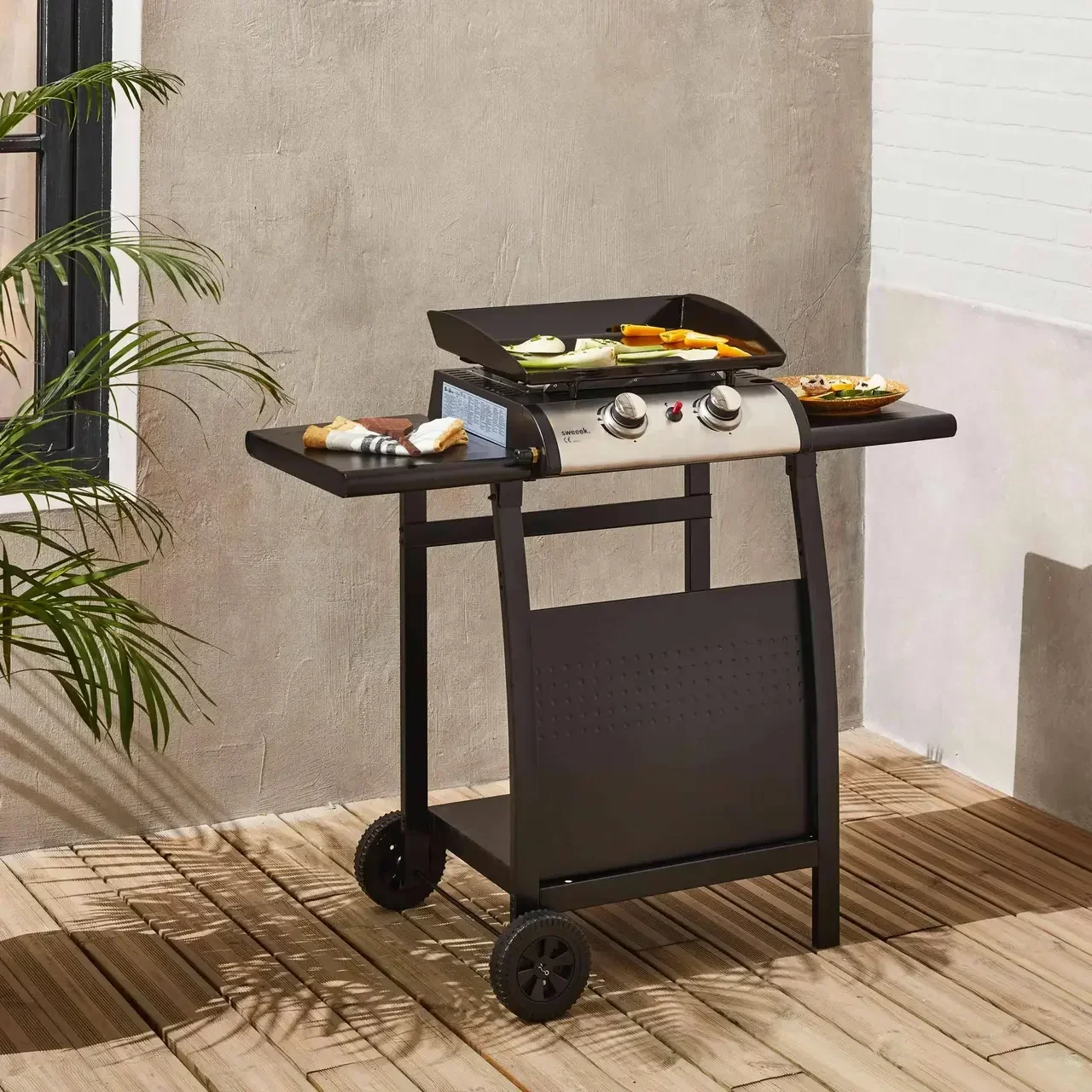Plancha gaz inox 2 feux 5kW sur chariot avec plaque émaillée amovible