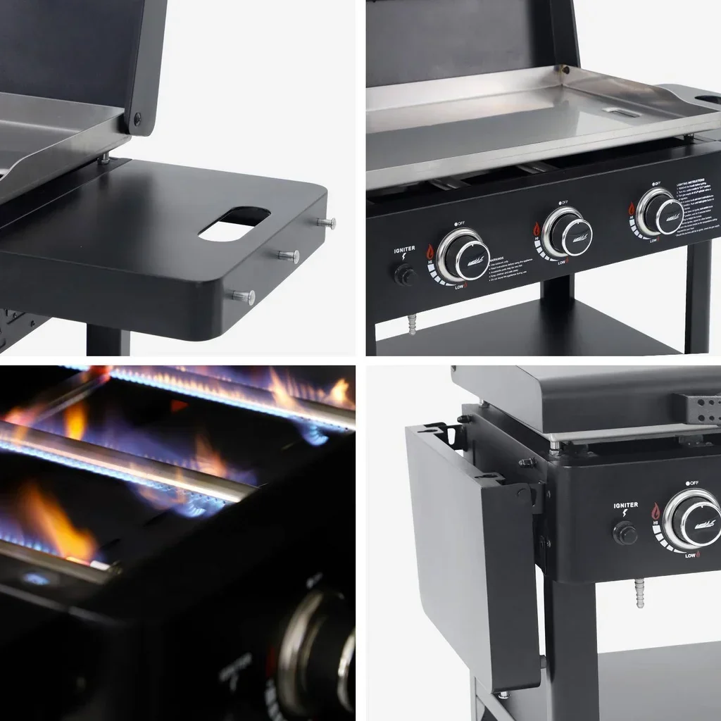 Plancha gaz 3 brûleurs inox 12kW sur chariot avec roues