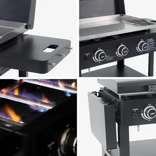 Plancha gaz 3 brûleurs inox 12kW sur chariot avec roues