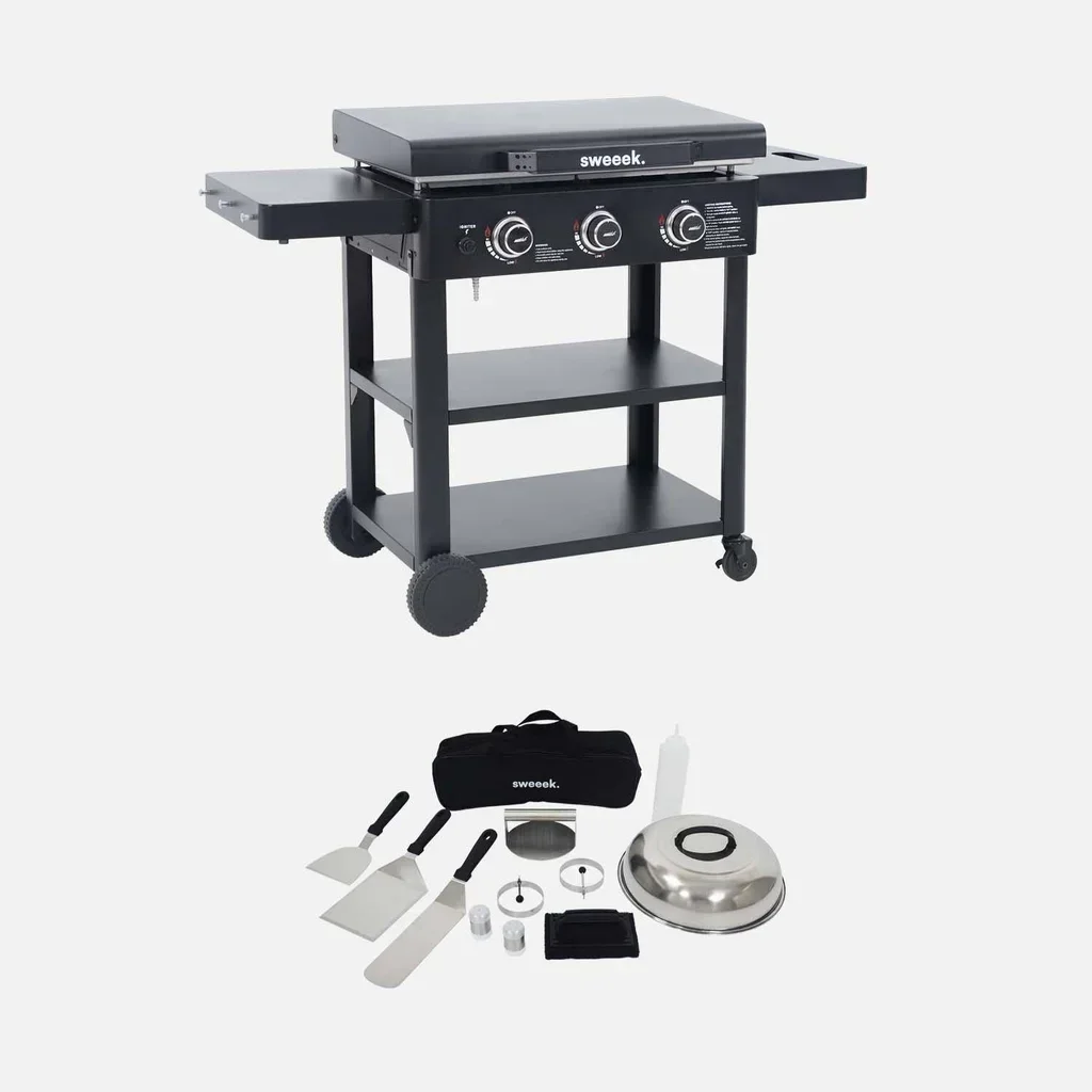 Plancha gaz 3 brûleurs inox 12kW sur chariot avec kit ustensiles complet