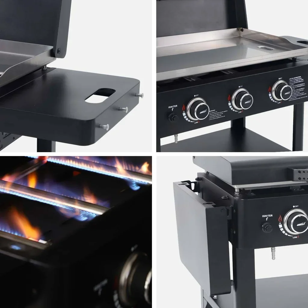 Plancha gaz 3 brûleurs inox 12kW sur chariot avec kit ustensiles complet