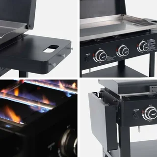 Plancha gaz 3 brûleurs inox 12kW sur chariot avec kit ustensiles complet