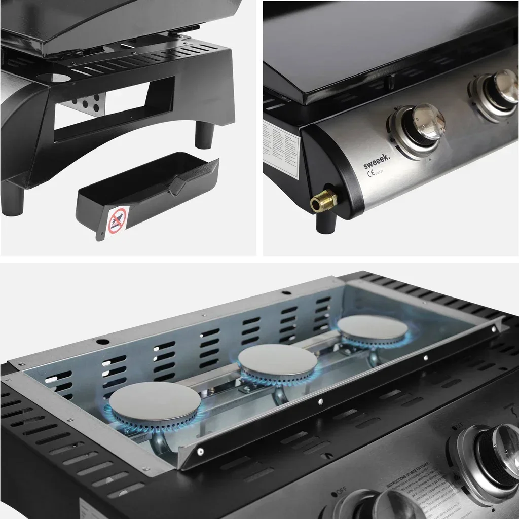 Plancha gaz inox 3 feux 7500W chariot roulant Porthos