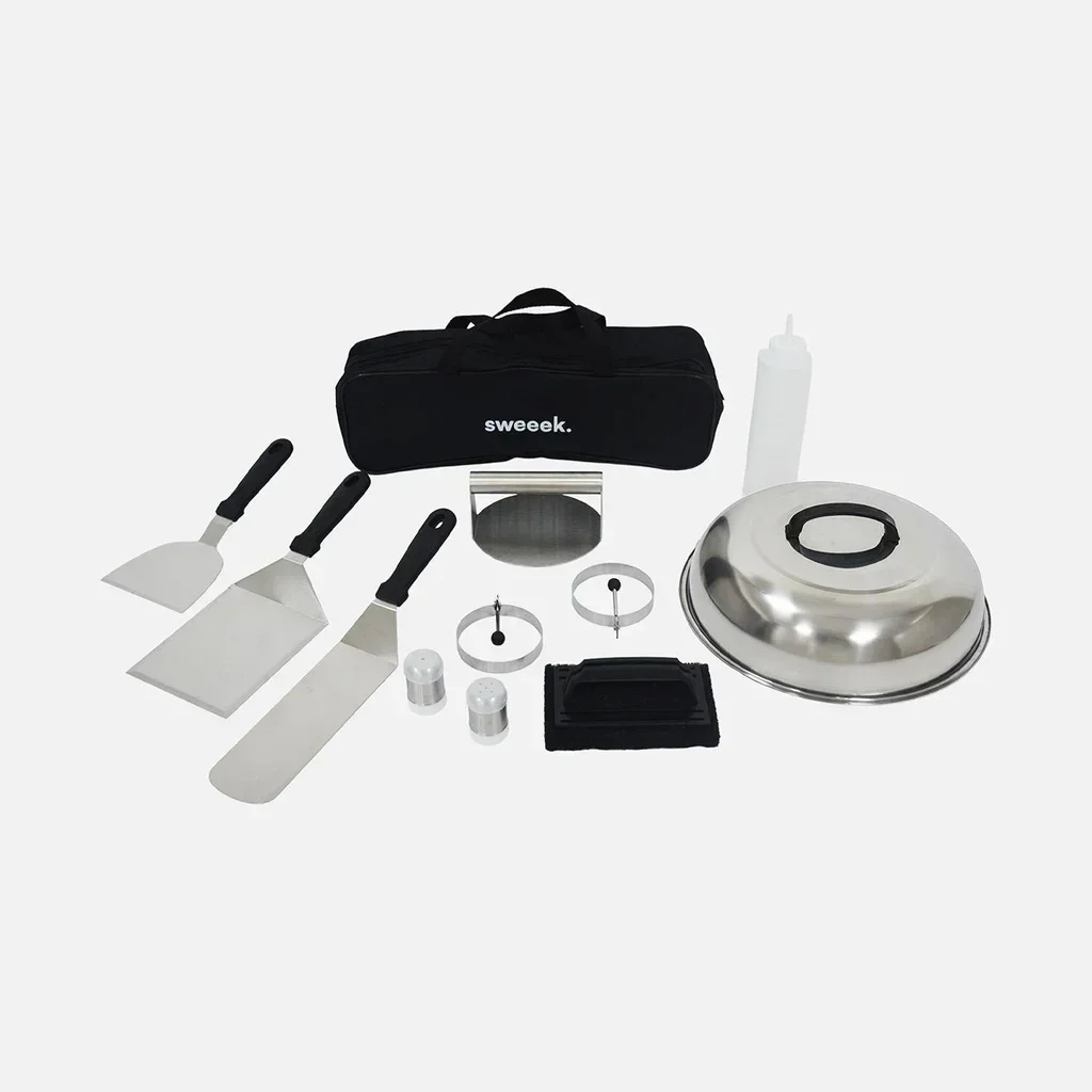 Plancha gaz 4 feux inox 10 kW sur chariot avec accessoires cuisson