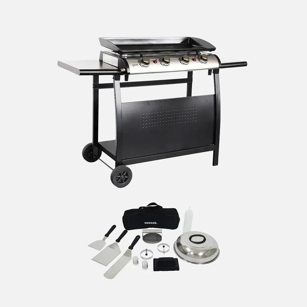 Plancha gaz 4 feux inox 10 kW sur chariot avec accessoires cuisson