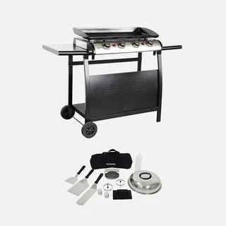 Plancha gaz 4 feux inox 10 kW sur chariot avec accessoires cuisson