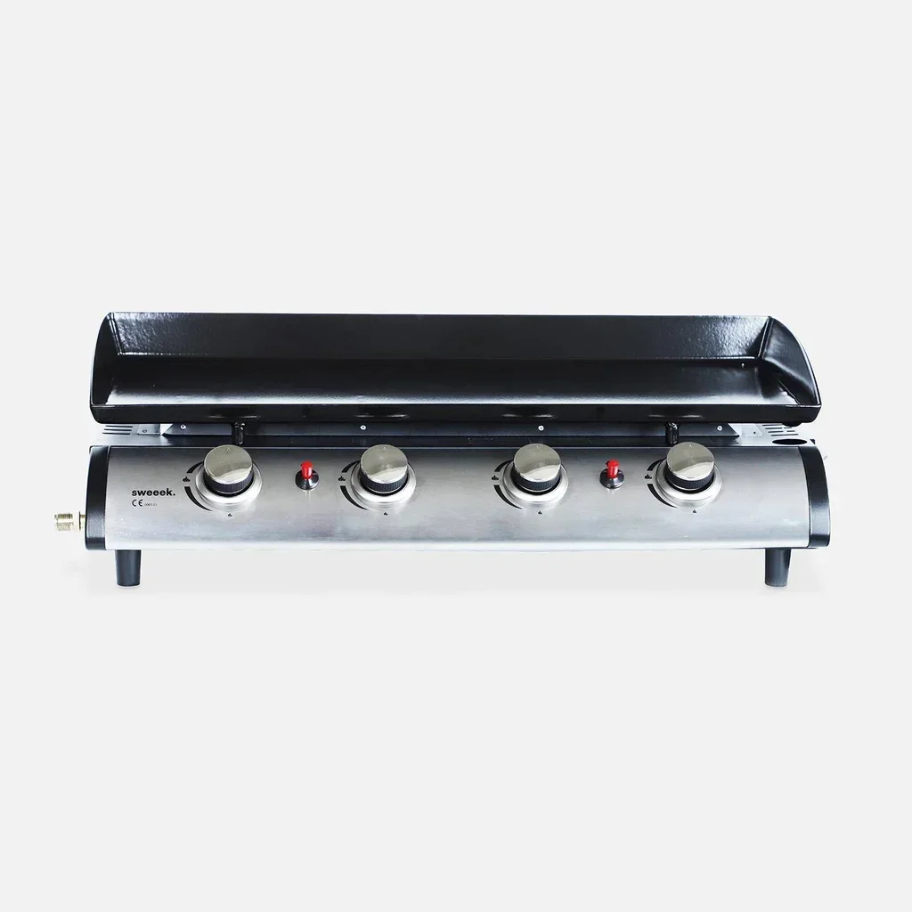 Plancha gaz 4 feux inox 10 kW sur chariot avec accessoires cuisson