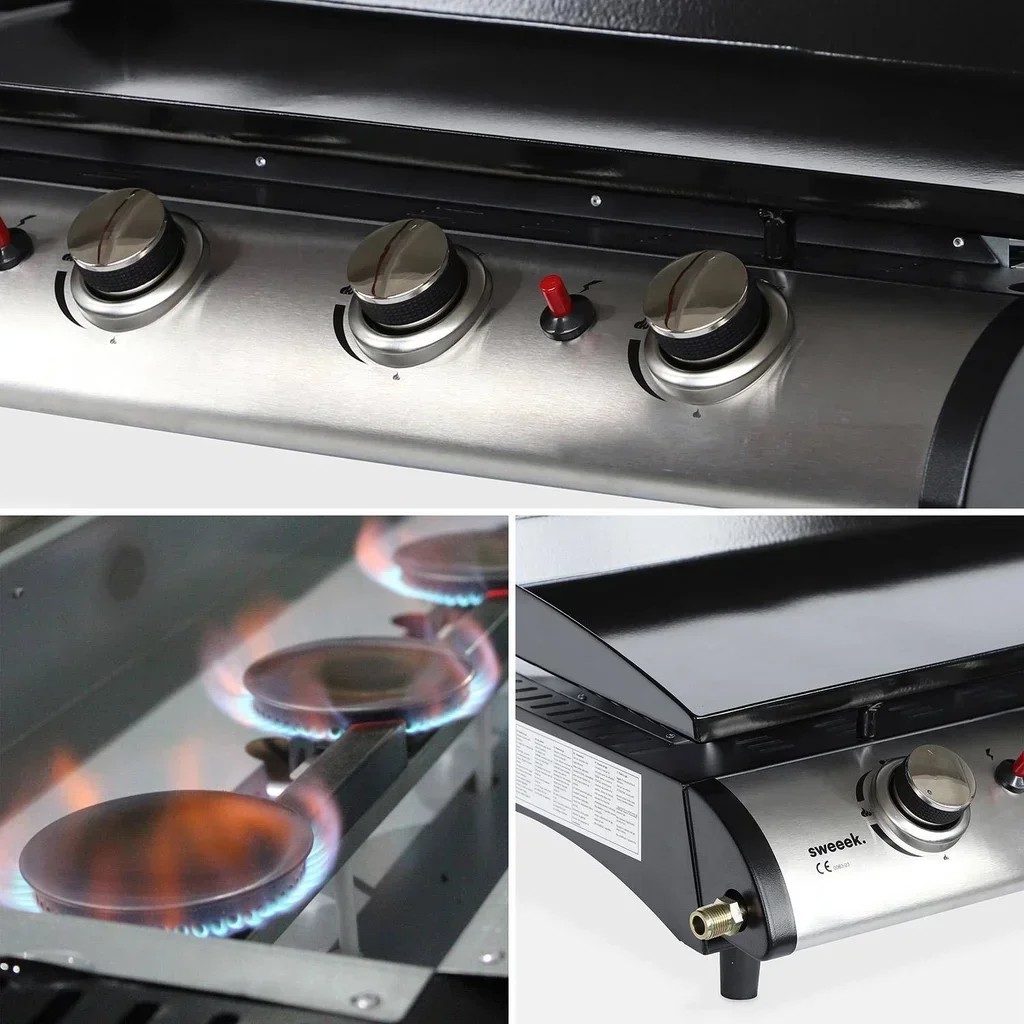 Plancha gaz 4 feux inox 10 kW sur chariot avec accessoires cuisson