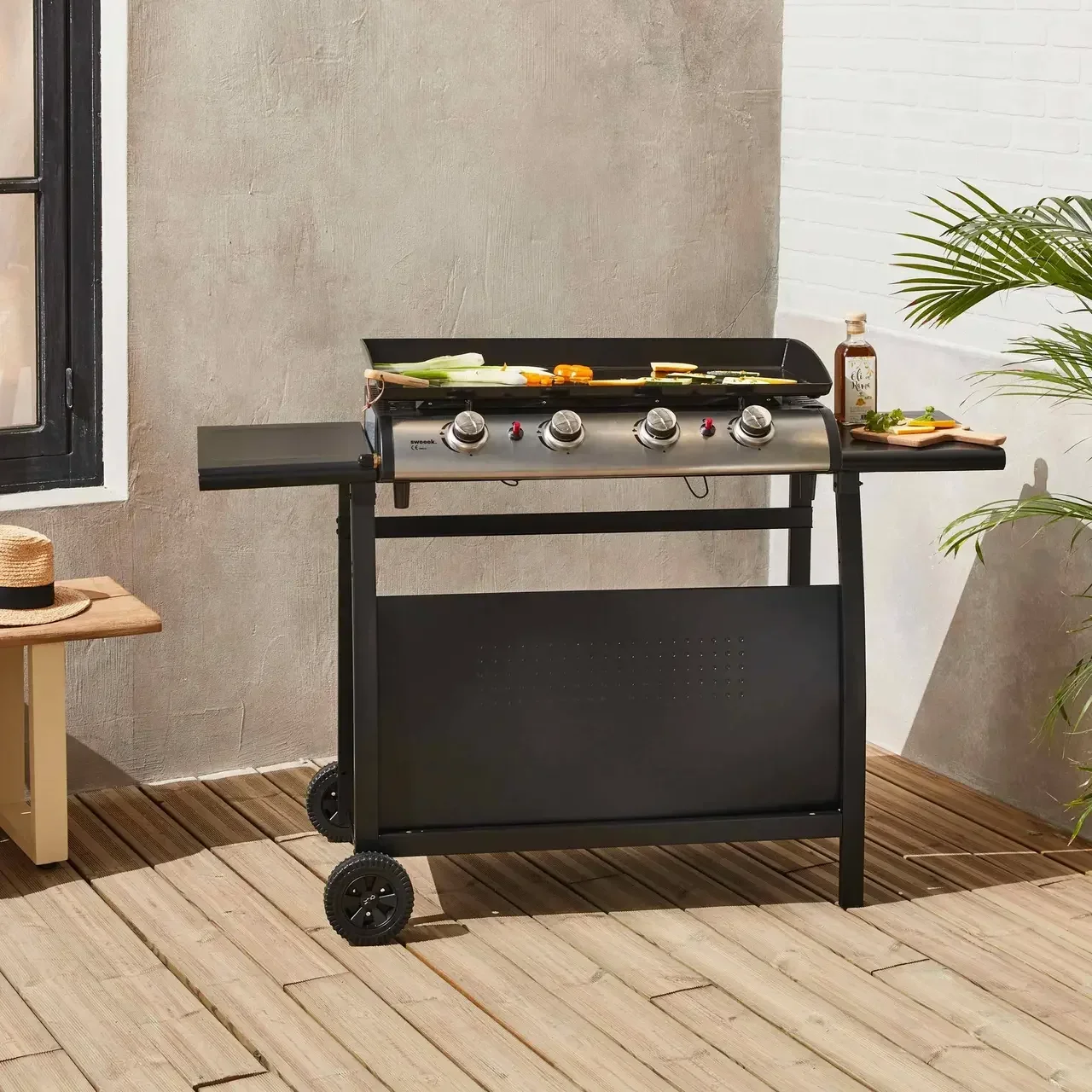Plancha gaz inox 4 brûleurs 10kW Porthos PT1002BK sur chariot