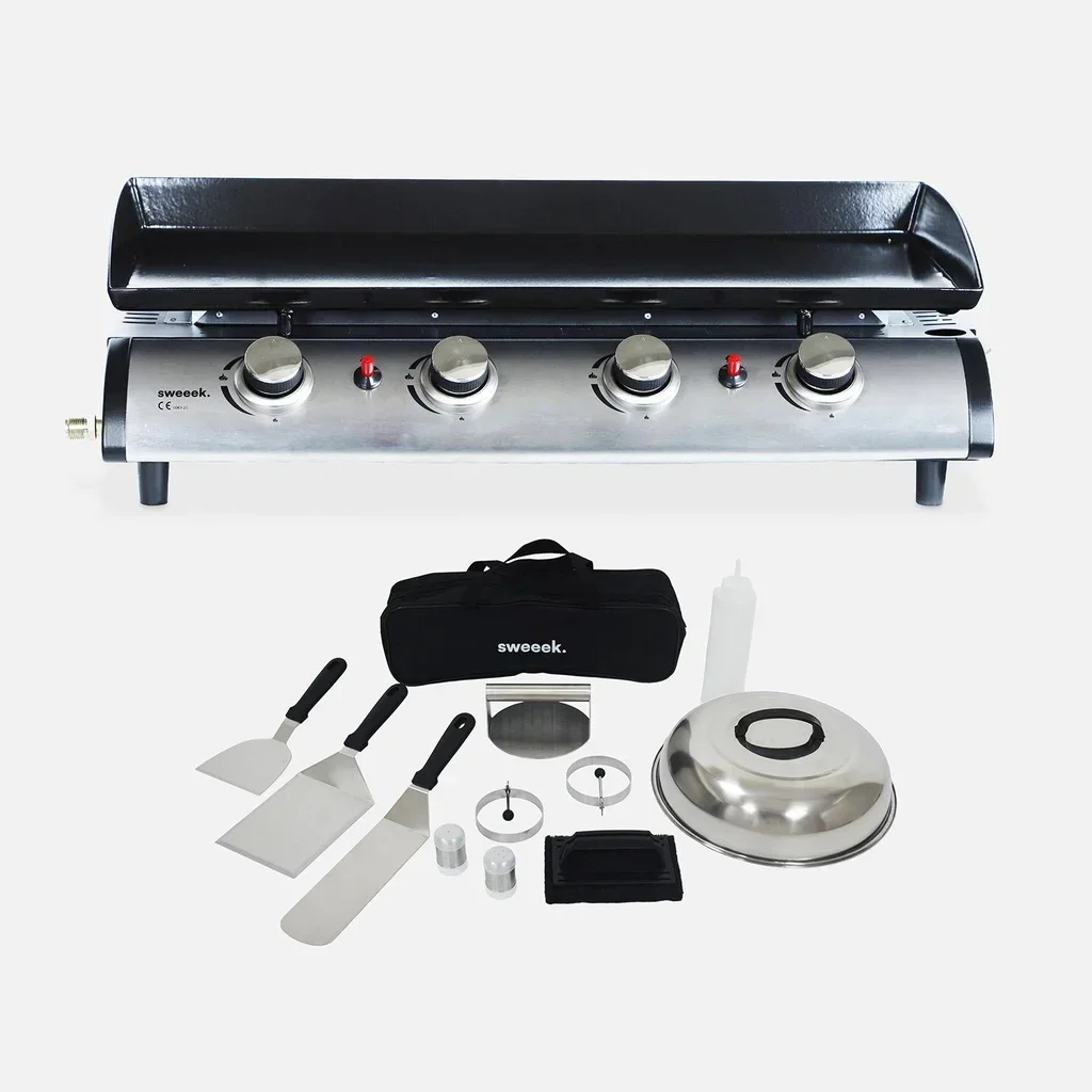 Plancha gaz inox 4 brûleurs 10kW Porthos avec kit ustensiles