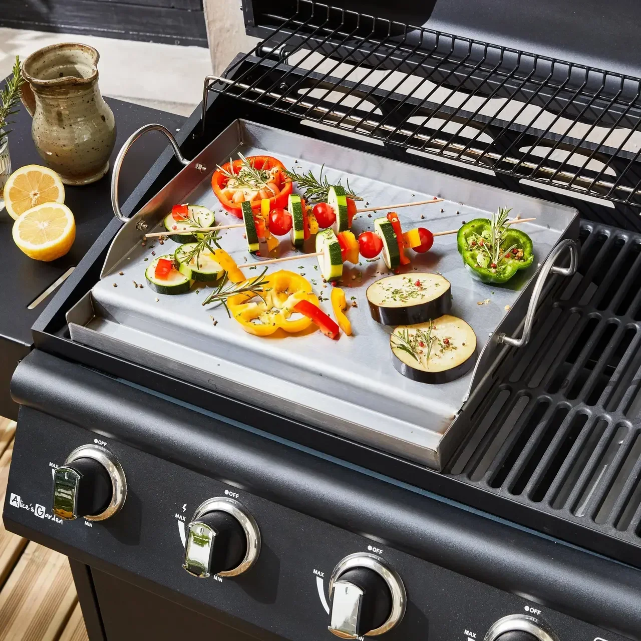 Plaque plancha inox 40 cm pour barbecue universel avec bac récupérateur de graisse