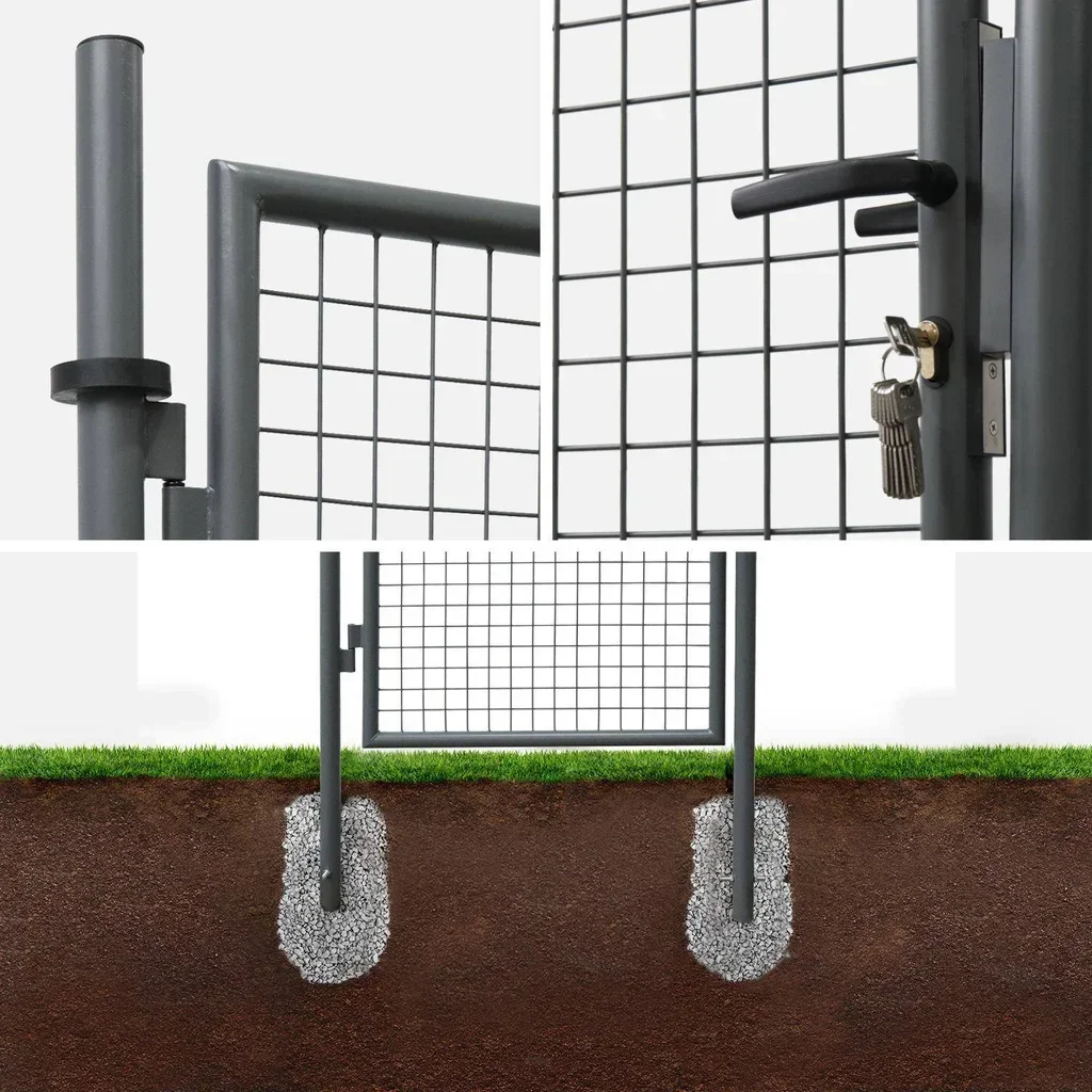 Portillon de jardin métal grillagé anthracite 150x87 cm avec serrure et poignée battante