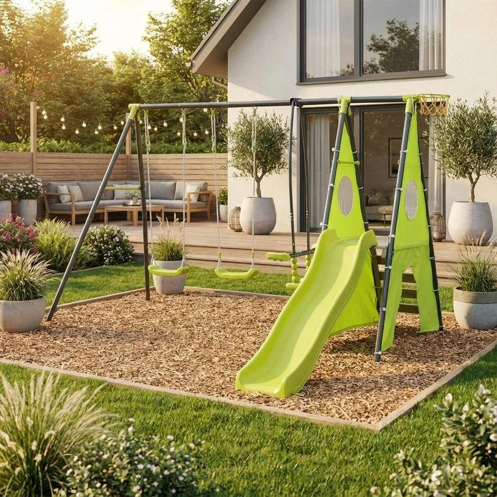Portique balançoires face à face avec toboggan Libeccio pour 6 enfants