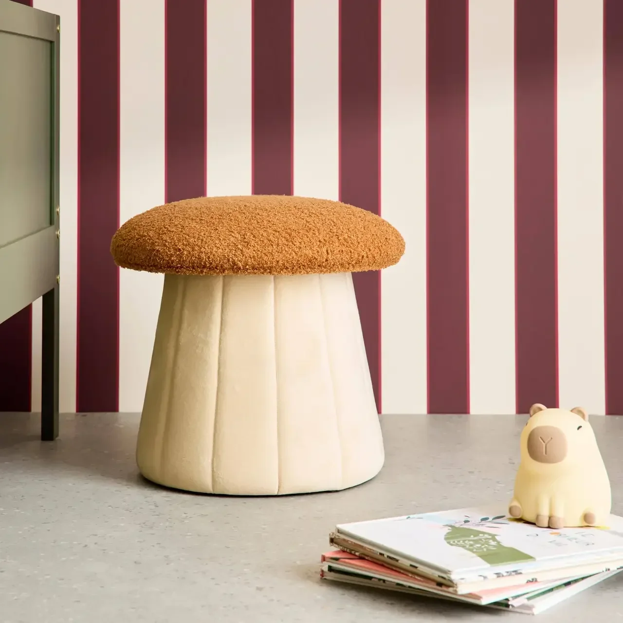 Pouf champignon enfant teddy velours coffre rangement terracotta doux