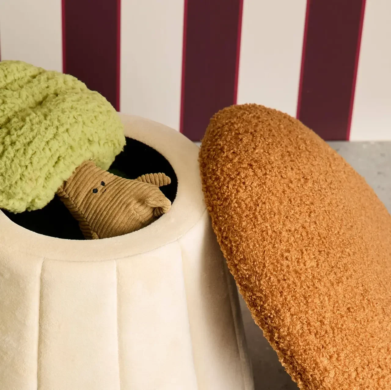 Pouf champignon enfant teddy velours coffre rangement terracotta doux