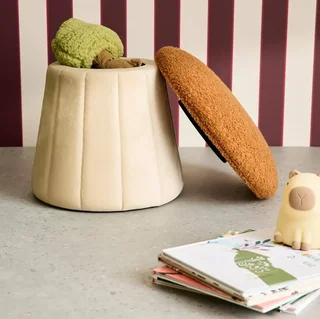Pouf champignon enfant teddy velours coffre rangement terracotta doux