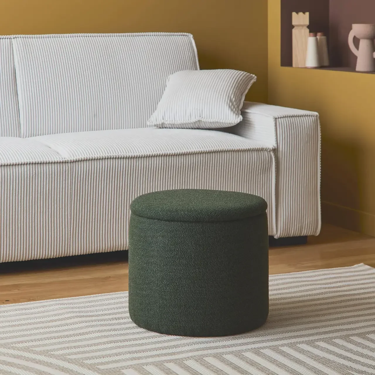 Pouf de rangement rond kaki foncé tissu polyester intérieur
