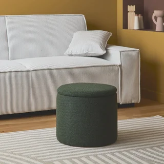 Pouf de rangement rond kaki foncé tissu polyester intérieur