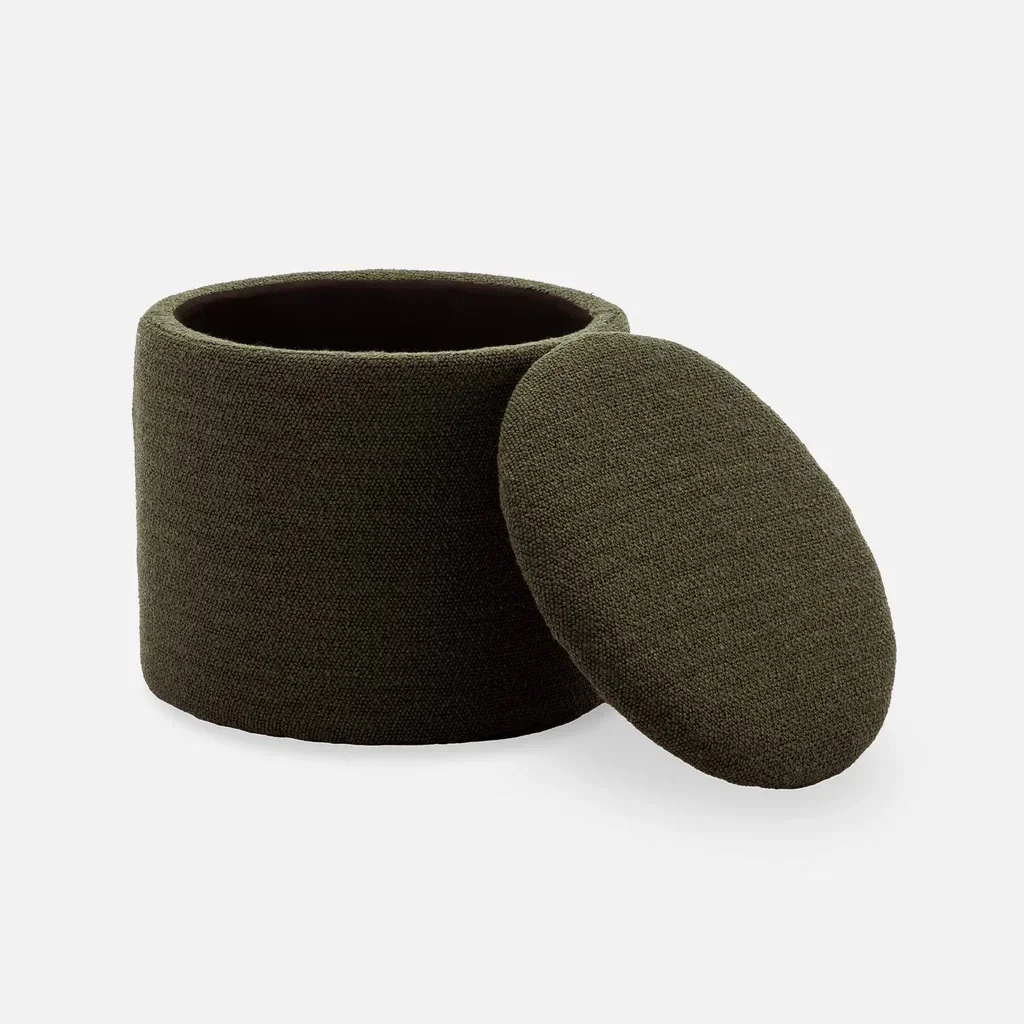 Pouf de rangement rond kaki foncé tissu polyester intérieur