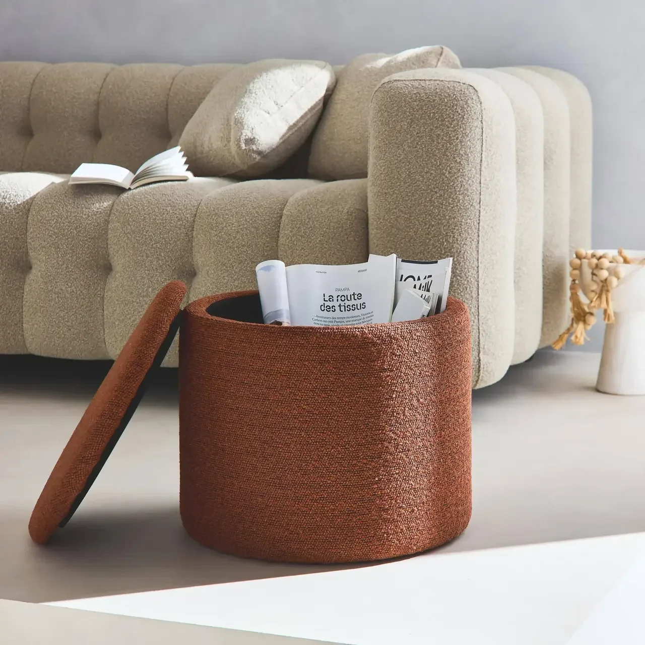 Pouf rond kaki avec rangement intérieur en tissu polyester