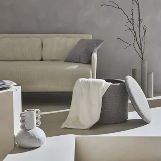 Pouf de rangement rond en tissu kaki foncé avec espace de rangement intérieur